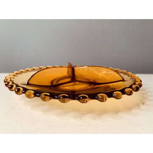 Vintage Amber Glass Divided Candy Dish Tray Candlewick Hob Nob Edges Art Deco - Picture 5 of 10